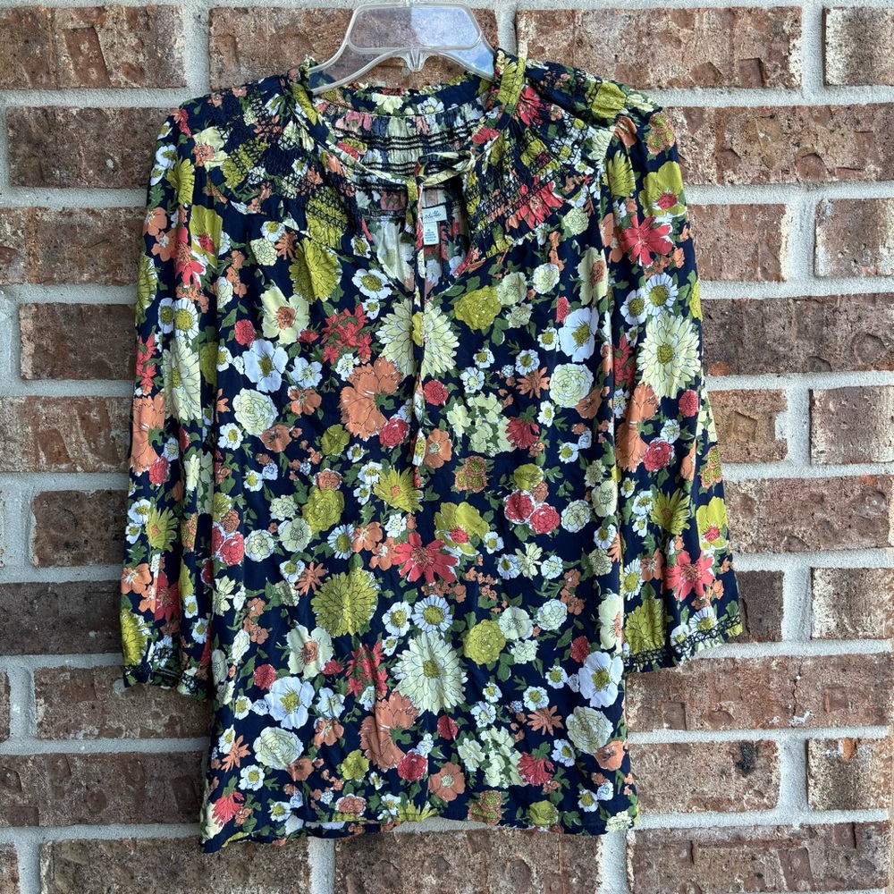 Odille Navy & Multicolored Floral-Print Neck-Tie Shirring 3/4-Sleeve Blouse